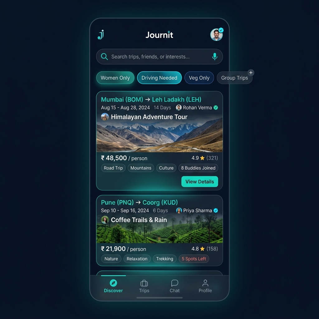 Journit discover screen showing trip cards