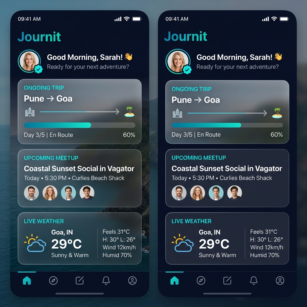 Journit home screen with active trip tracker and weather widget